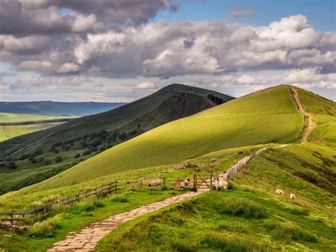 Nature Landscapes Hill Grass Fence Gate Sheep Animals Roads Path Hills Sky Clouds Scenic For ...