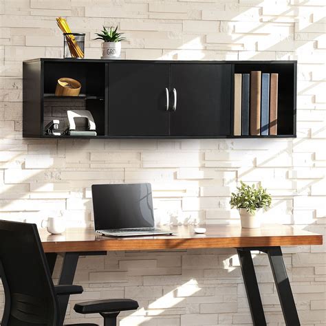 FITUEYES Wall Mounted Desk Hutch with Door, Modern Floating Console Media Cabinet，HT310401WB ...