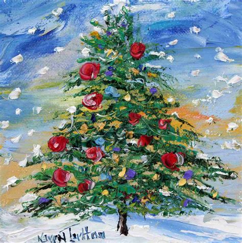 Christmas tree painting, holiday art, original oil palette knife impressionism on canvas fine ...