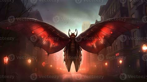 Mothman over the small American town. Illustration based on the urban legend of Point Pleasant ...