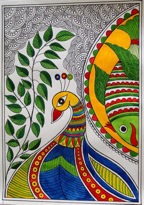 MADHUBANI PAINTING OF PEACOCK AND FISH