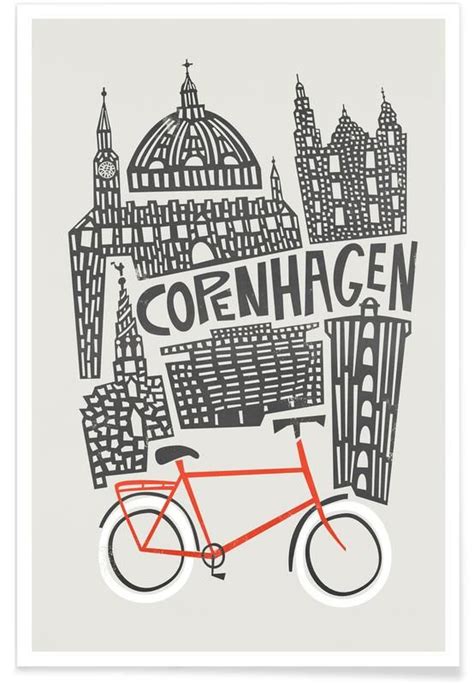 a red bicycle is parked in front of a cityscape with the words coenhagen on it
