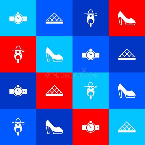 Set Wrist Watch, Louvre Museum, Scooter and Woman Shoe Icon. Vector Stock Illustration ...