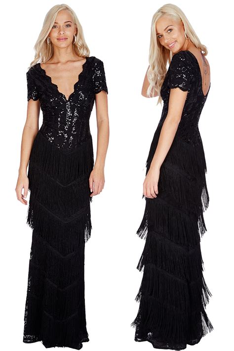 Black Sequin Vintage 1920s Maxi Fringe Dress | Downton Abbey Style Dress