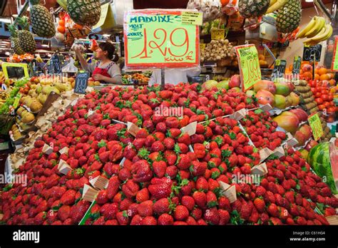 Spain, Barcelona, Las Ramblas, La Boqueria Market, Fruit Stall Display ...