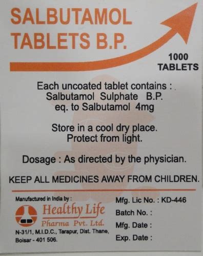 Salbutamol Tablets Bp 4 Mg at Best Price in Boisar | Healthy Life Pharma Pvt. Ltd.