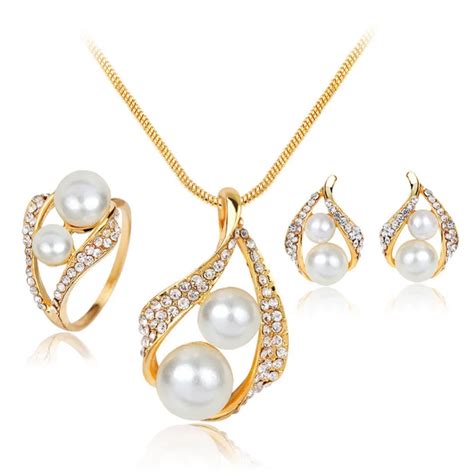 Charming Jewelry Simulated pearl Necklace/ Ring/ Earrings Three piece ...