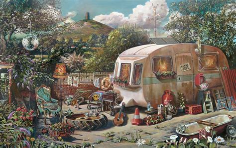 A painting of a travellers caravan near Glastonbury Tor, Somerset