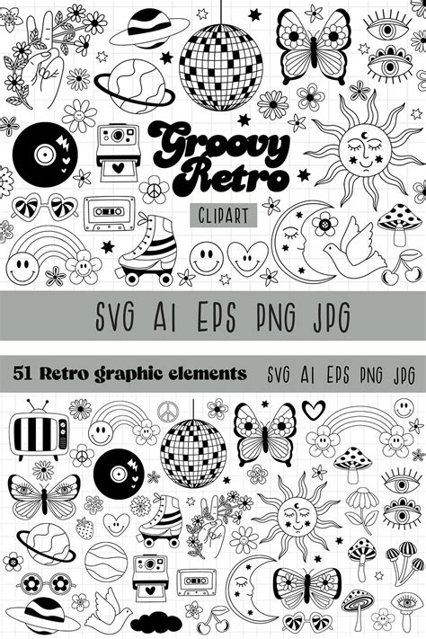 Retro Clipart, Black and white, Groovy Hippie, Retro Flower