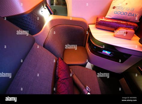 DOHA, QATAR -17 JUN 2019- View of the QSuites Business Class seats in an Airbus A350 from Qatar ...