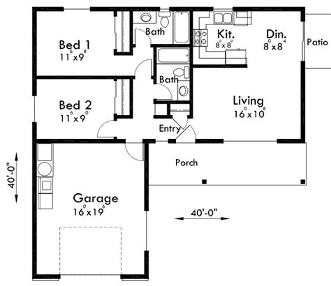 Main Floor Plan for 10140 ADU Small House Plan 2 Bedroom, 2 Bathroom, 1 Car Garage | Garage ...