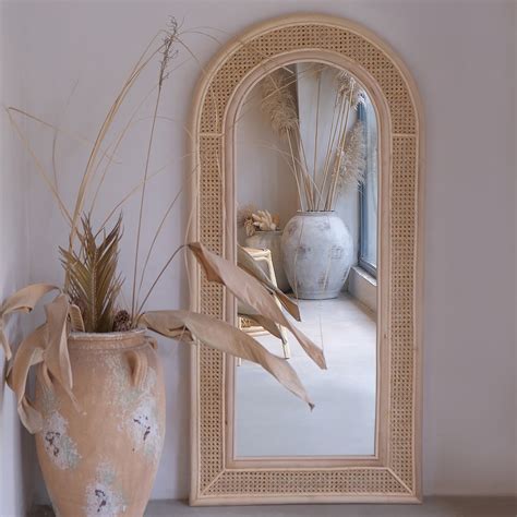Boho Arch Full Length Floor Mirror Rattan Standing Mirror Wood Frame 1700mm x 730mm - Mirrors ...
