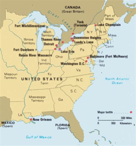 map showing sites of major battles| important (significant) dates in the War of 1812 (June 1812 ...