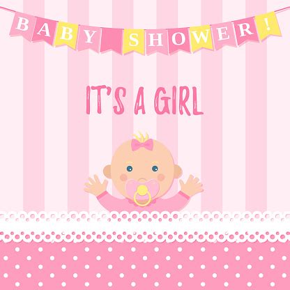Baby Shower Girl Card Vector Illustration Pink Banner With Kid Stock Illustration - Download ...