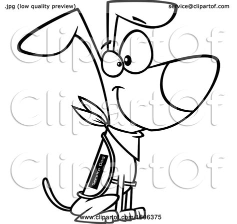 Clipart of a Cartoon Black and White Sitting Happy Service Dog - Royalty Free Vector ...