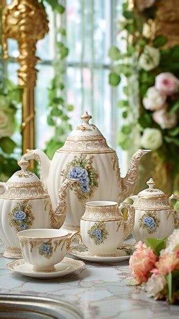 Premium AI Image | A tea set with a floral design on the front.