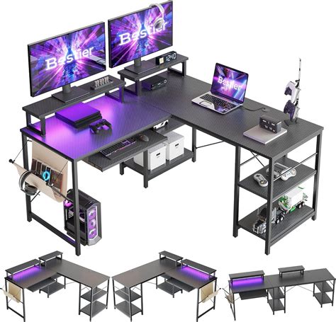 Buy Bestier L Shaped Gaming Desk with Led Light 95.2 Inch Computer Corner Desk or 2 Person Long ...