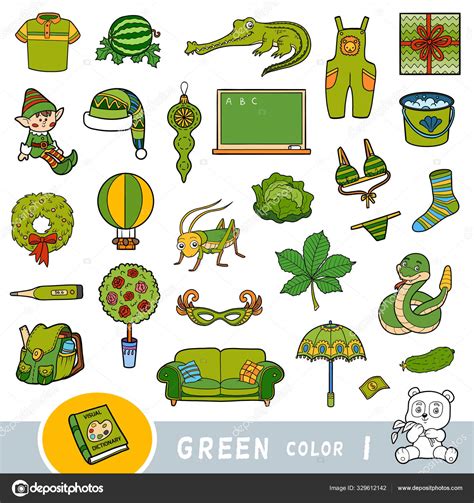 Colorful set of green color objects. Visual dictionary for children ...