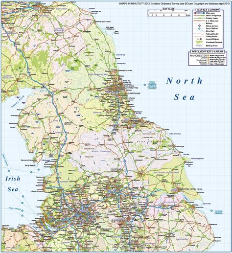 north england county/admin map with road and rail network in ...