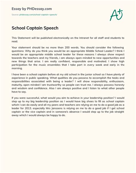 School Captain Speech Application And College Example (300 Words) - PHDessay.com