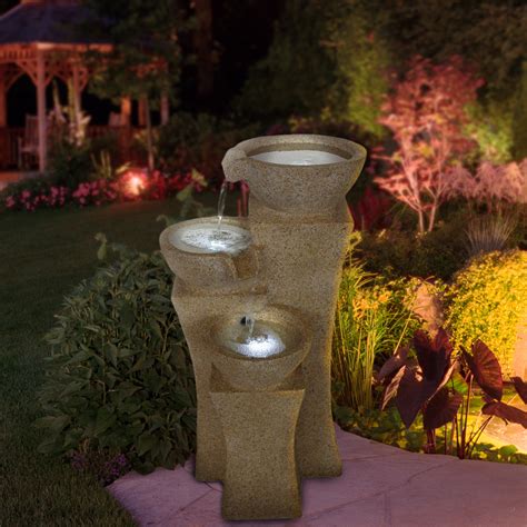 Pure Garden 3-Tier Cascading Pots Outdoor Fountain with LED Lights (Brown) - Walmart.com