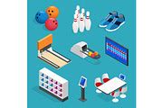 Isometric Bowling realistic icons set with game equipment, cafe tables, shelves for shoes ...