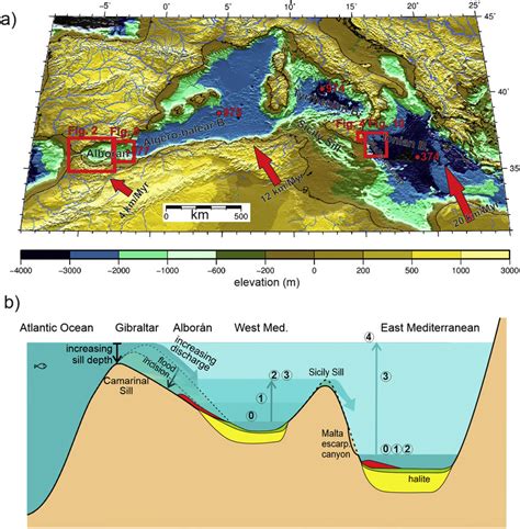 a) Topographic map of the Ionian Sea and western Mediterranean showing ...