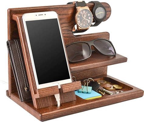 TESLYAR Wood Phone Docking Station Ash Key Holder Wallet Stand Watch Organizer Men Gift Husband ...