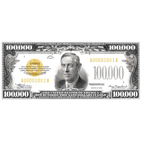 U.S. One Hundred Thousand Dollar Bill - 1934 $100000 USD Treasury Note Face Mask by Serge ...