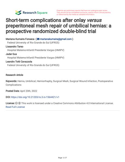 (PDF) Short-term complications after onlay versus preperitoneal mesh ...