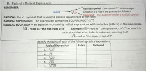 Solved: Parts of a Radical Expression REMEMBER: Radical symbol - the symbol sqrt() or indicating ...