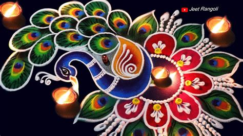 Diwali special beautiful peacock rangoli. Creative rangoli. - YouTube