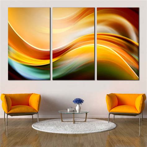 Modern Abstract Canvas Wall Art, Yellow Waves Triptych Canvas Print, G – Dwallart