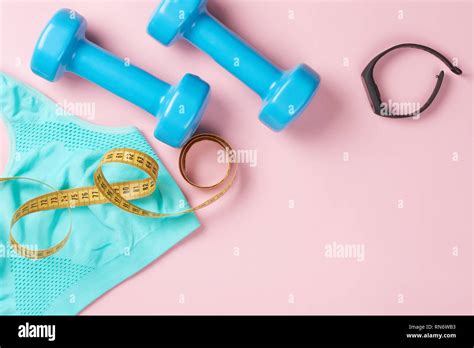 Fitness concept. Sport accessories on pink background with copy space, top view Stock Photo - Alamy