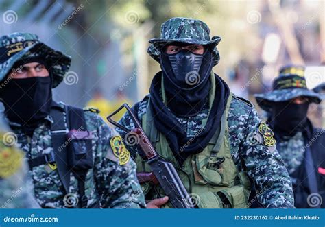 Members of Al-Quds Brigade, the Military Wing of the Islamic Jihad Movement in Palestine, during ...