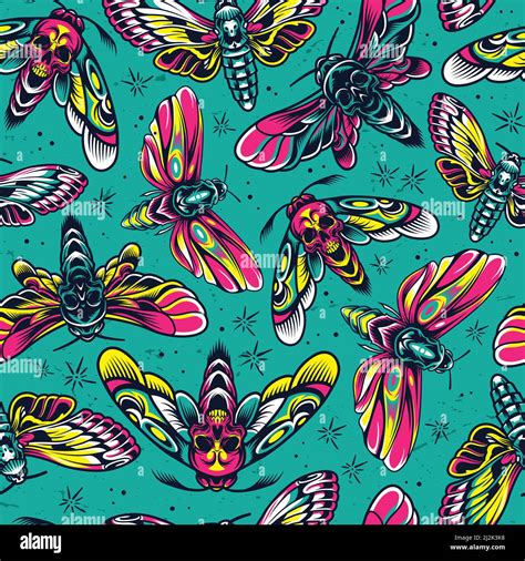 Vintage colorful insects seamless pattern with flying moths and butterflies with skull ...