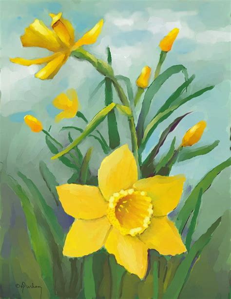 Yellow Daffodil, yellow, green, blue wall art print, home decorating print. | Flower prints art ...