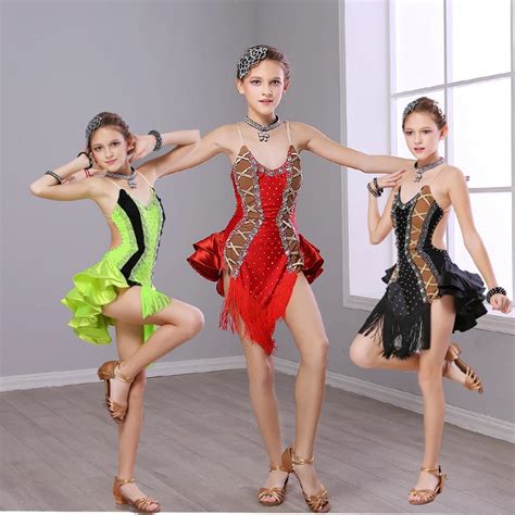 New Children Tassel Latin Ballroom Dance Dress Kids Girls Dancewear Fringe Skirts Latin Stage ...