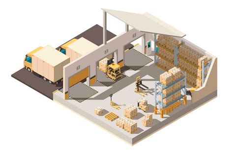 Isometric 3d warehouse with parking, shipment truck, forklift and box ...