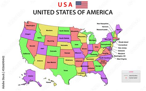 USA Map. Political map of the United States of America. US Map with color background and all ...