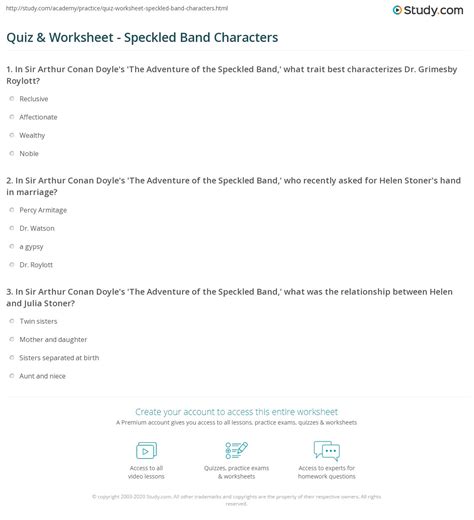 Quiz & Worksheet - Speckled Band Characters | Study.com