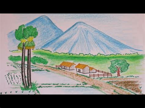 How to draw a beautiful countryside view with mountain | Scenery ...