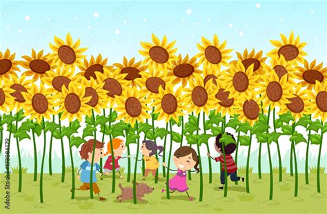 Stickman Kids Sunflower Field Play Illustration Stock Vector | Adobe Stock