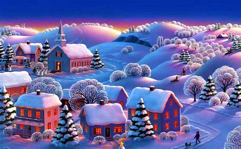 Winter Village, snow, houses, painting, church, trees, artwork, HD ...