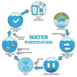 Water purification system with labeled filtration stages outline ...