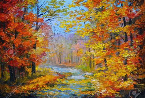 Paisaje De La Pintura Al óleo - Colorido Bosque De Otoño, Con La ... | Bosque otoño, Pintura al ...