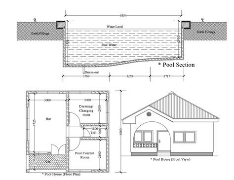 Swimming pool house section, pool section and plan cad drawing details dwg file - Cadbull