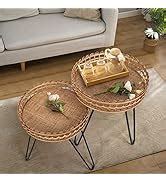 Amazon.com: Oakrain Rattan Side Table Nesting Tables Set of 2, Bamboo Round Table Coffee Table ...
