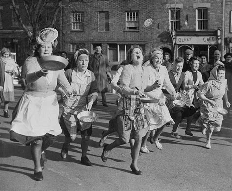 Pancake-race 1951 British housewives toss pancakes in skillets as they ...