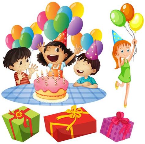 Kids at birthday party with balloons and presents 373573 Vector Art at ...